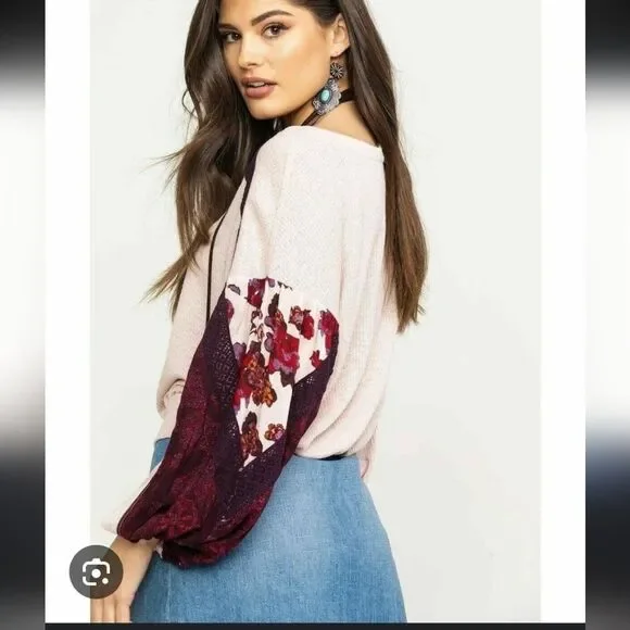 Free People Rose Pink Sweater with Floral Sleeves - Picture 10 of 13